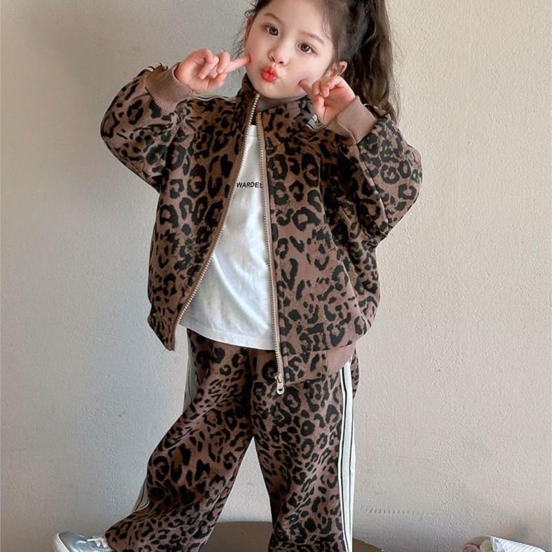 Spring Autumn Girls'  Kids Leopard Pattern Suit Coat+trousers Pants Sets Comfortable Cute Baby Clothes Children Clothing Sportswear Two-piece Set
