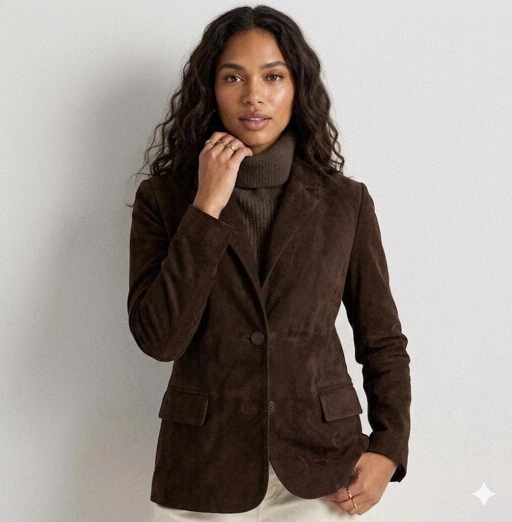 Dark Brown Suede Genuine Lambskin Leather Blazer Women s Handmade Soft Formal Fit S темно-коричневого