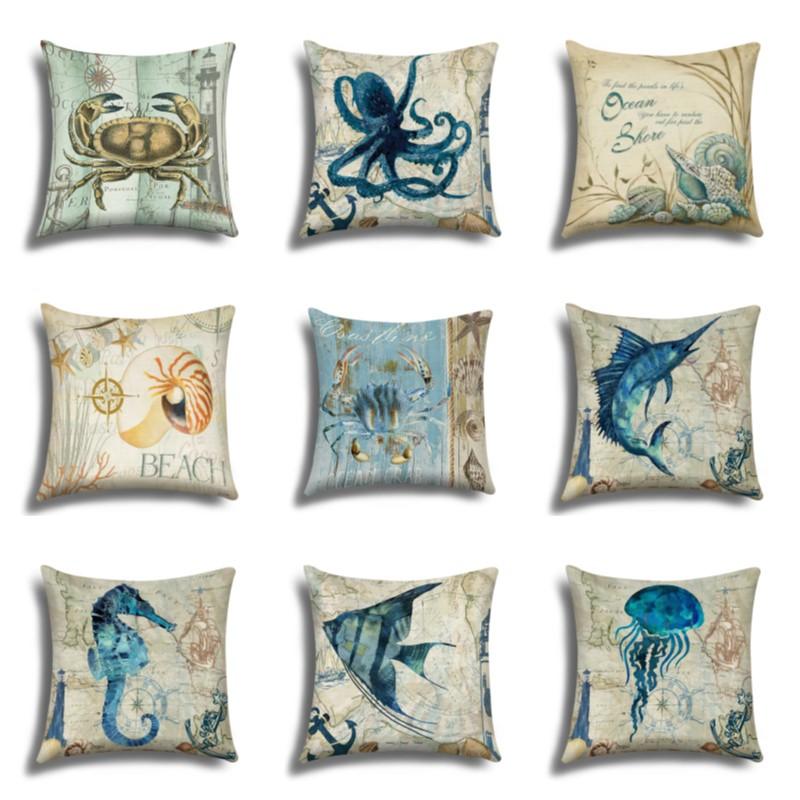 Linen Pillowcase, Marine Life Printing Cushion Cover 40x40 50x50 60x60, Suitable for Bed Car Sofa, Pattern Can Be Customized