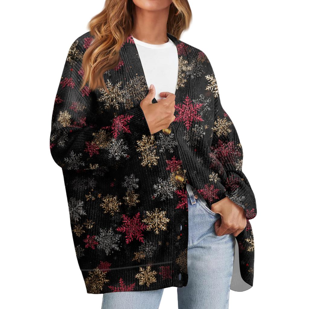 Women's Fashion Long Sleeve Print V-Neck Button Loose Cardigan Top