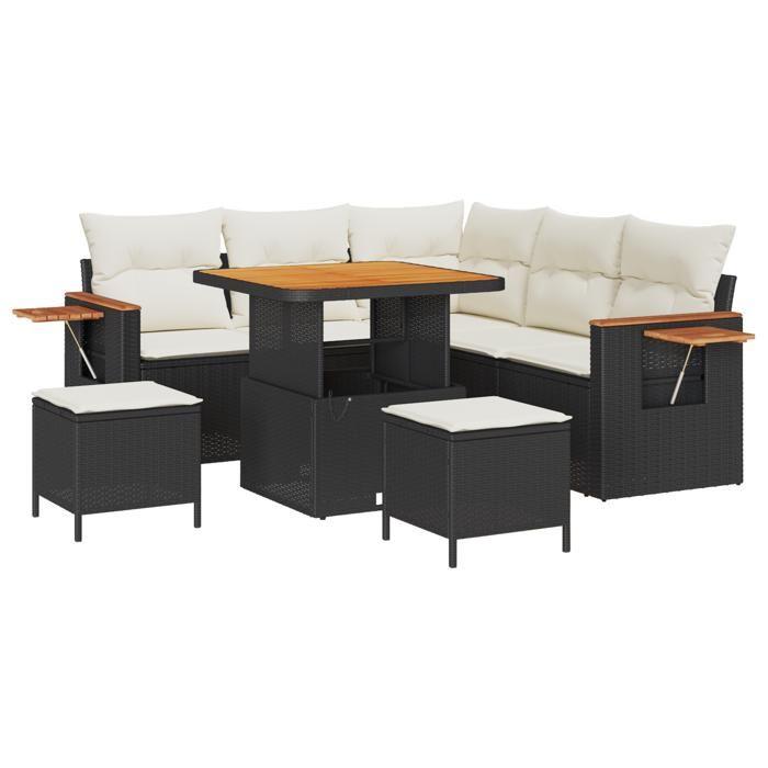 Ensemble de 8 pièces de canapé de jardin avec coussins noir en rattan poly acacia, Ensemble de salle à manger de jardin 3363170