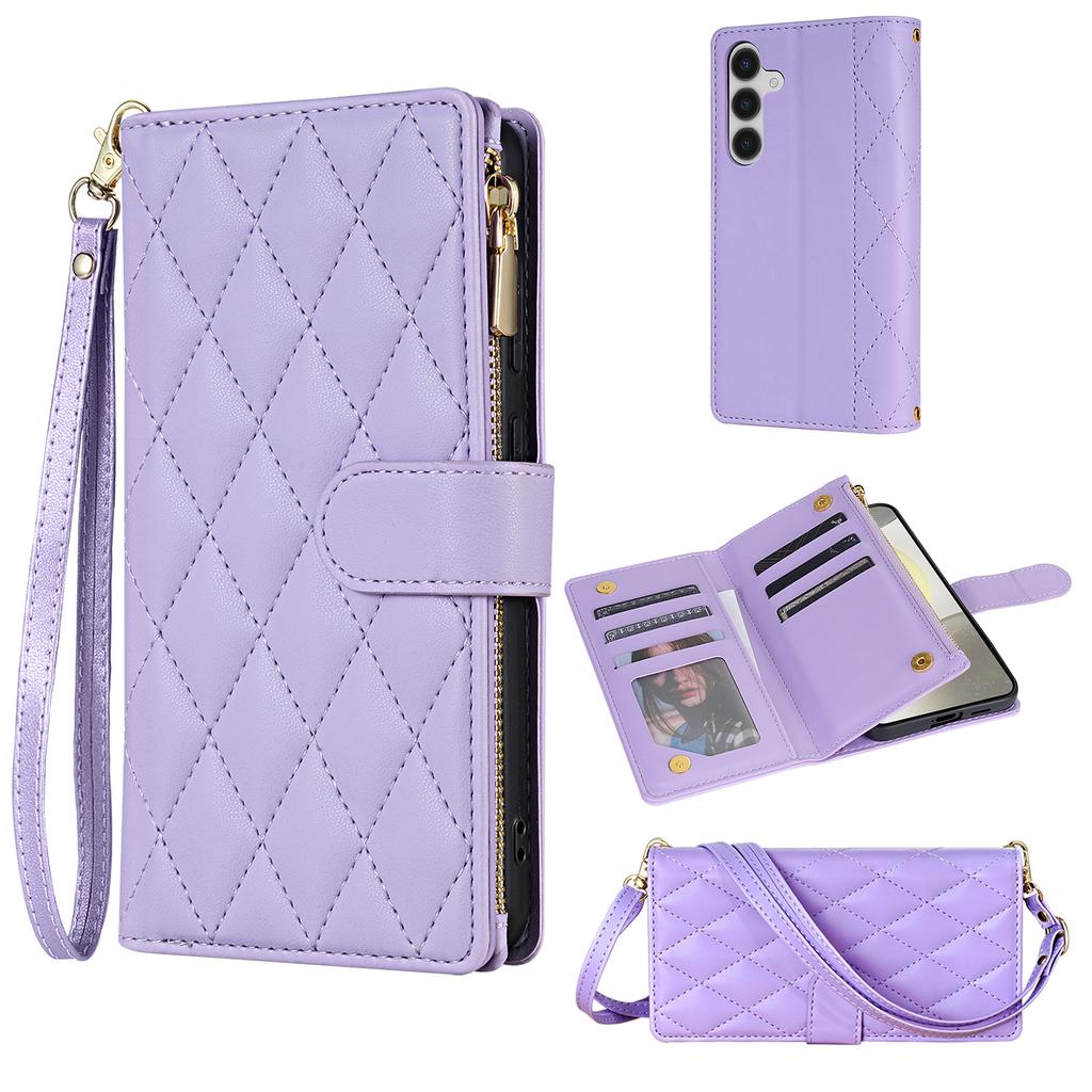 For Samsung Galaxy S26+ Case Rhombus Stitching Leather Wallet Phone Cover with Long / Short Strap