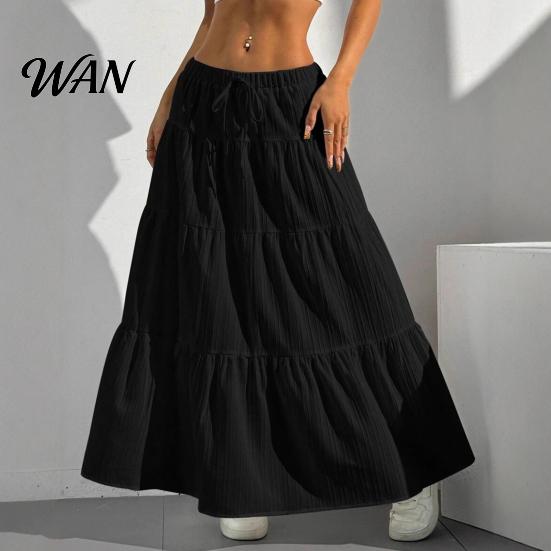 Elastic Waistband Skirt Women Long Spring Summer Middle Waist A Line Flowy Swing Occasion Breathable Solid Color Drawstring Pleated Casual Elegant