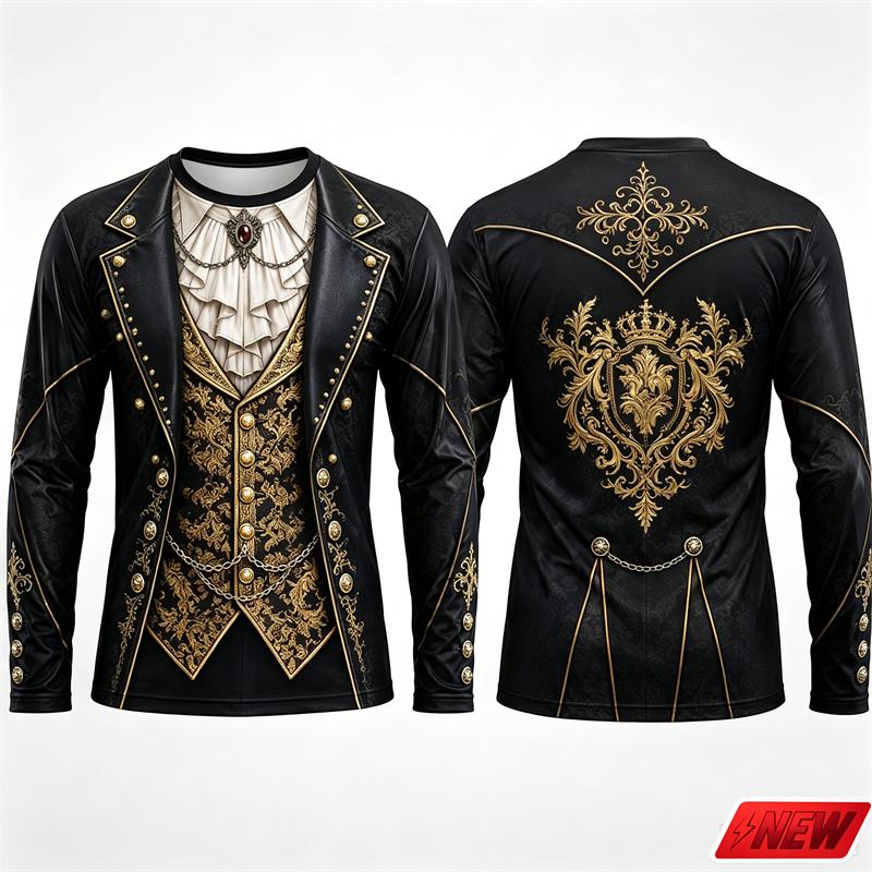 Gothic Vampire Costume Long Sleeve T‑Shirt Men 3D Print Fake Jacket Shirt Graphic Novelty Tee Halloween Cosplay Party Top