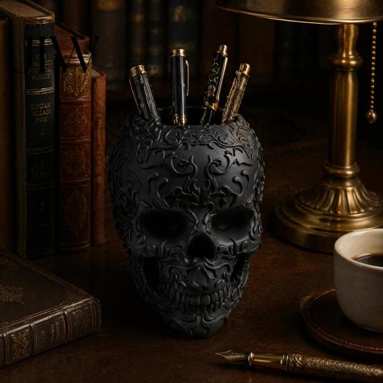 Dark Academia Desk Decor Halloween Skull Makeup Brush Holder, Matte Black Gothic Skeleton Pen Organizer Creative Desktop Accessories for Desk,
