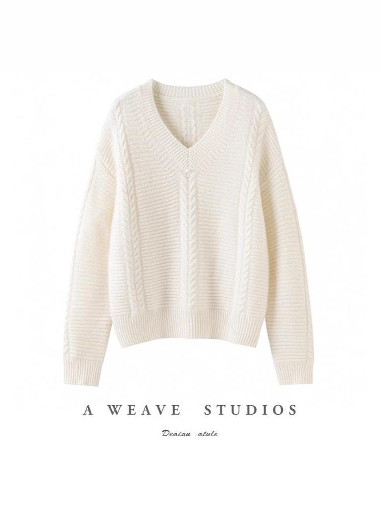 2025 Women's Wool V-neck Cable Knit Long Sleeve Sweater - Loose Fit Cashmere Autumn Winter Top