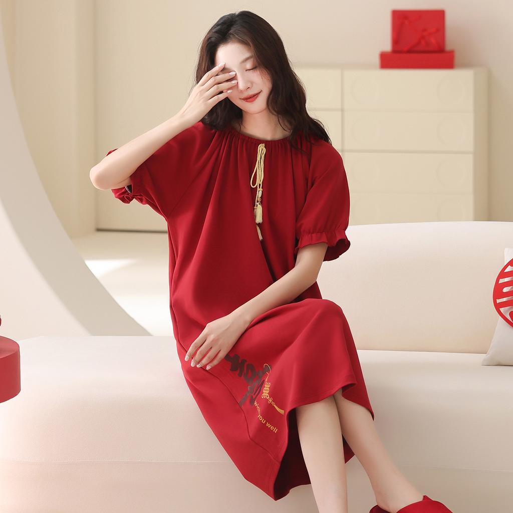 Red Wedding Couple Pajamas Women's Summer Short-sleeved Pure Cotton Pajamas Cute Natal Year Wedding Loungewear Men's Suit