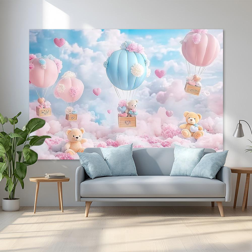 Teddy bear and hot air balloon party banner - Seasonal universal polyester fabric decoration