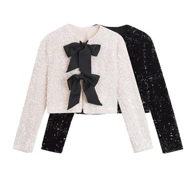 2024 New Sequin Bow Embellished Jacket for Ladies - Round Neck, Long Sleeve, Four Colors