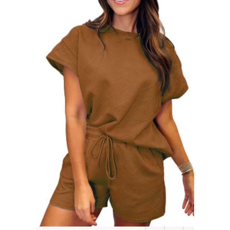 

YYFS Женская мода Повседневный Лето Весна Однотонный Принт Короткий Рукав О-Образным Вырезом Брюки Костюмы XXL хаки