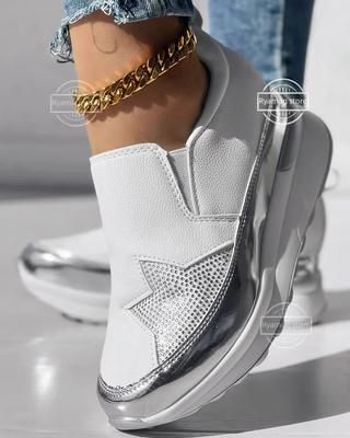 Sneakers Women's Rhinestone Star Pattern Platform Muffin Loafers Silver Platform Shoes Woman Slip On Shoes Zapatos De Mujer
