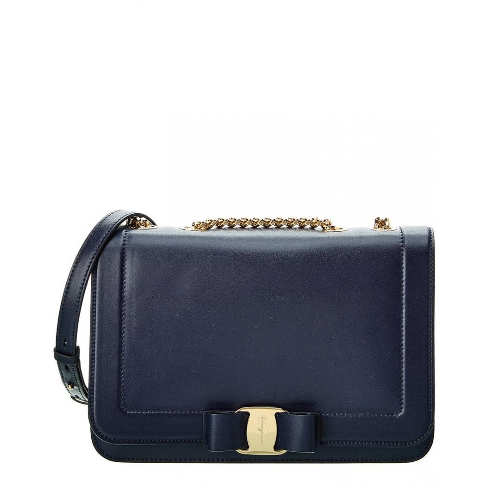 Salvatore Ferragamo Ferragamo Vara Bow Front Flap Leather Shoulder Bag Blue