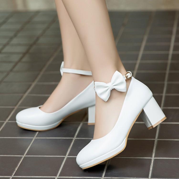 Girls Leather Shoes High Heel Shoes Sweet Bowknot Bridal Wedding Shoes Women High Heels Princess Dress Party Shoes Size 30-43