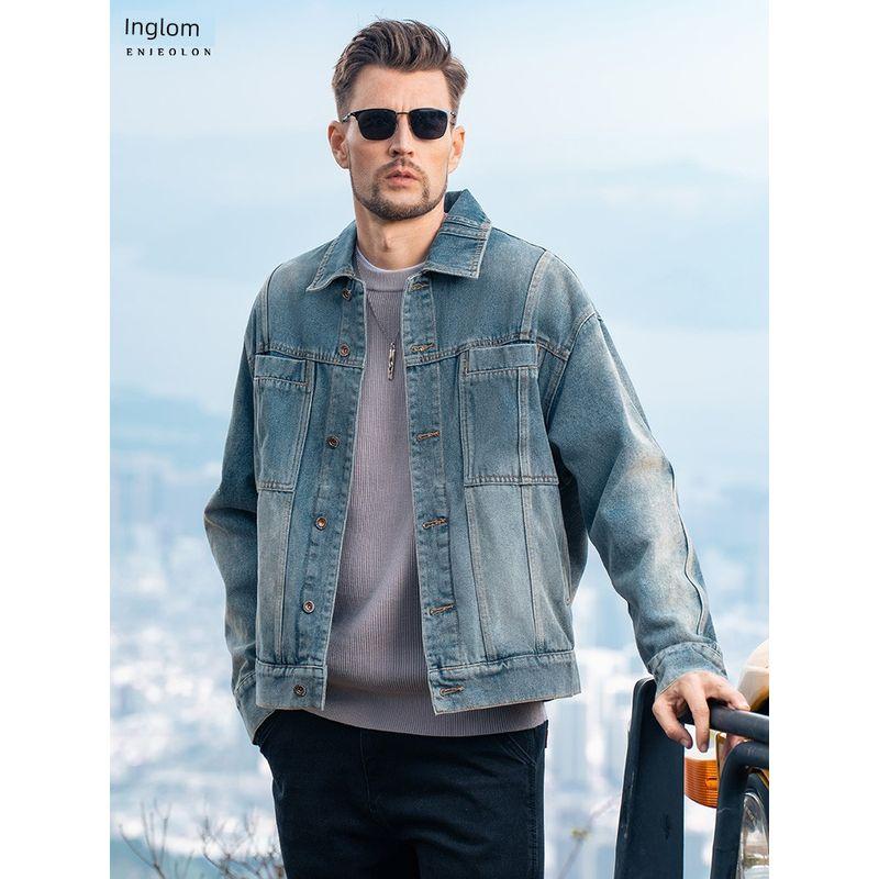 Yingjuelun American Retro Workwear Washed Denim Jacket Men's Lapel Silhouette Top Autumn and Winter Jacket