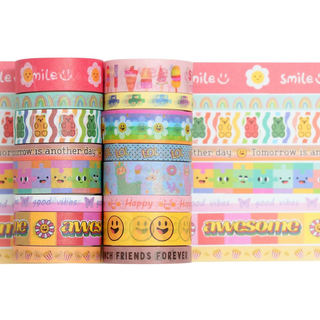YUBX Masking Tape Cute Cartoon Washi Paper Bright Perfect for DIY Gift and 16-Piece Set Patterns, Tape, Colors, Crafts, Journals, Planners,