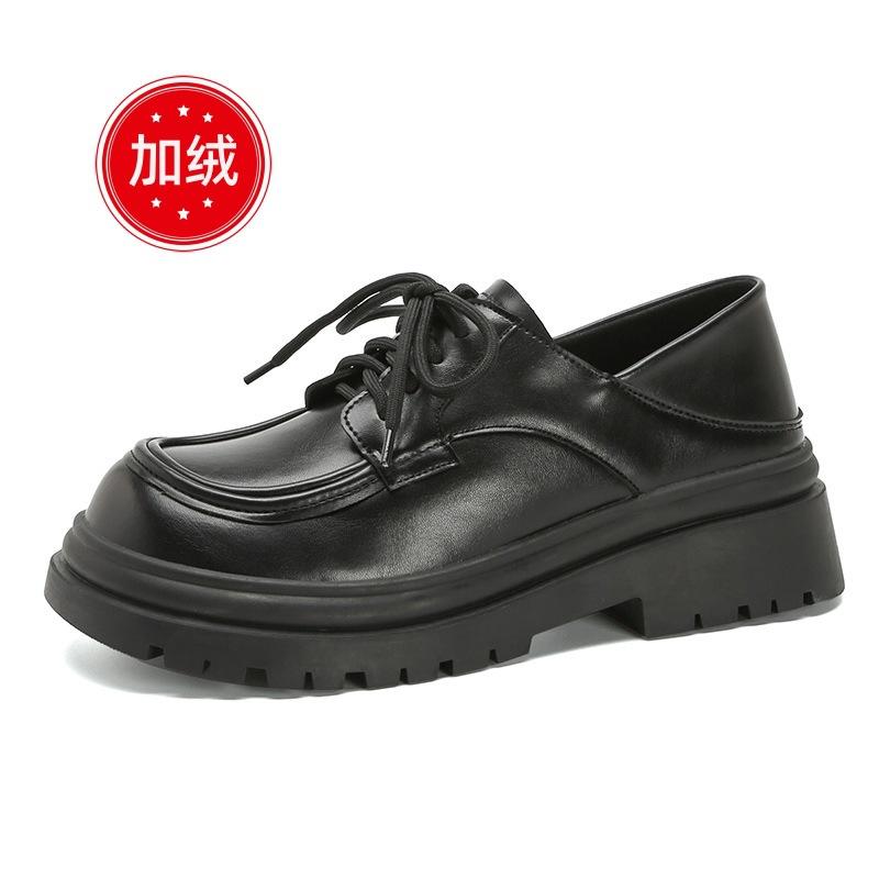 British Small Leather Shoes Women's Thick Heel 2024 Velvet College Style Lace-up Jk Uniform Single Shoes Leather Platform Loafers