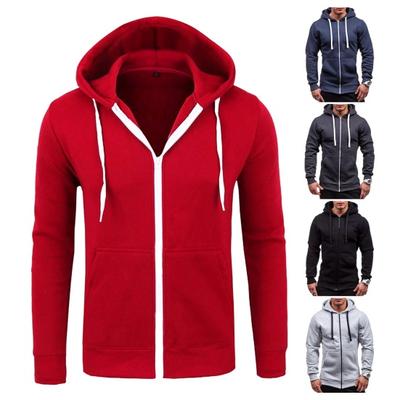Fall Winter Men Jacket Hooded Drawstring Zip-up Long Sleeves Solid Color Cardigan Elastic
