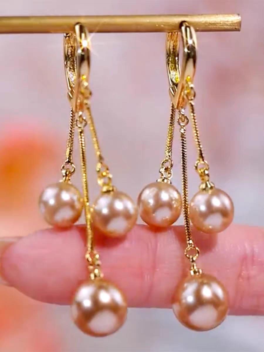 Luxurious Champagne Gold Pearl Tassel Earrings - Elegant and Fashionable Ear Clips