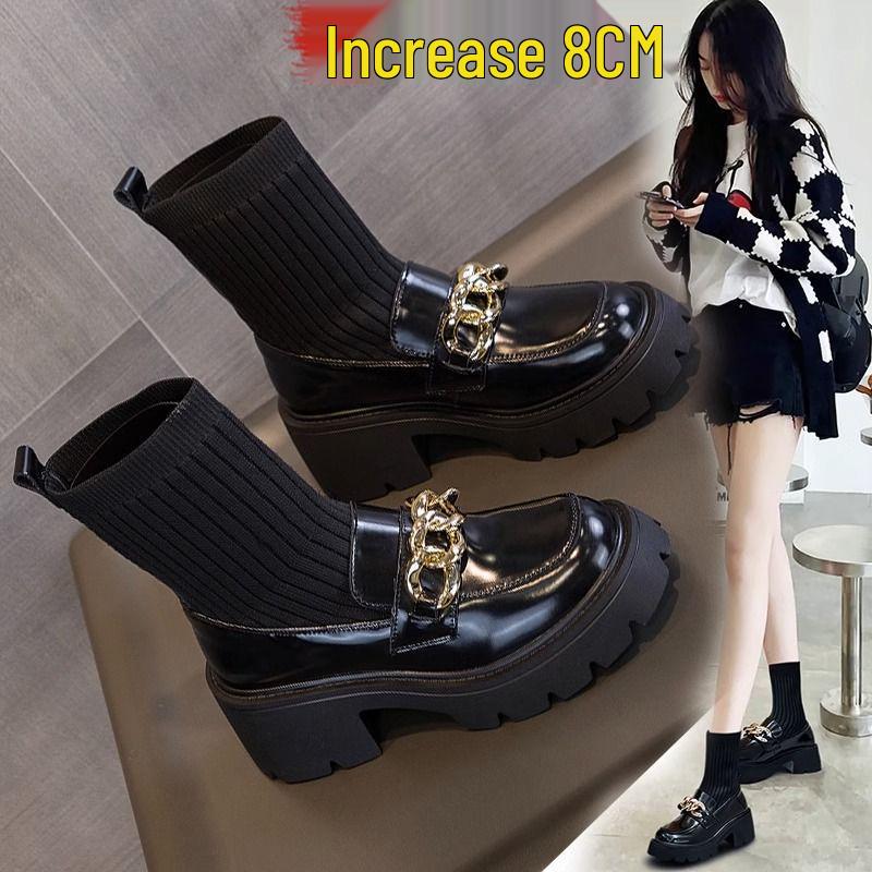 Women's Spring 2025 Chunky Heel Ankle Boots - British Style, Elastic Slimming, Hidden Heel, Sock Boot Design, Suitable for Autumn.