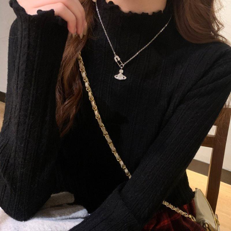 

White Half-High Neck Ruffled Long Sleeve Knit Top - Women s Thickened Inner Wear for Autumn Winter One Size чёрный