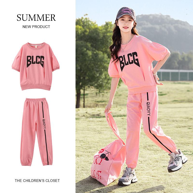 Summer Big Children's Casual Suit Knitted Short-sleeved Girls' Pants Suit