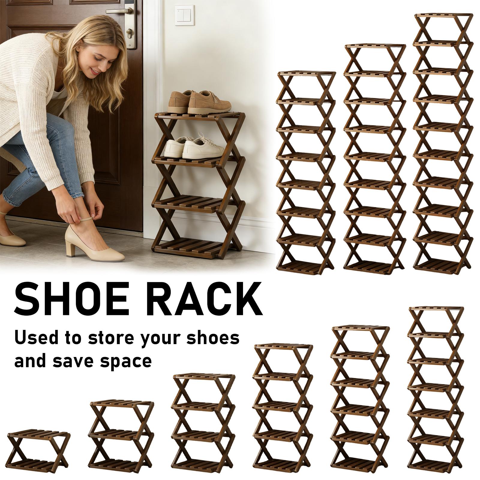 Shoe Rack Organizer,  Natural Or Tea Color, No-Tool Assembly, Foldable Storage Shelf