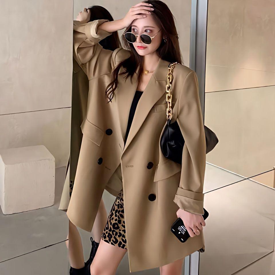 Women's Trendy Khaki & Black Loose Suit Top - Slimming Korean Style for Spring/Autumn