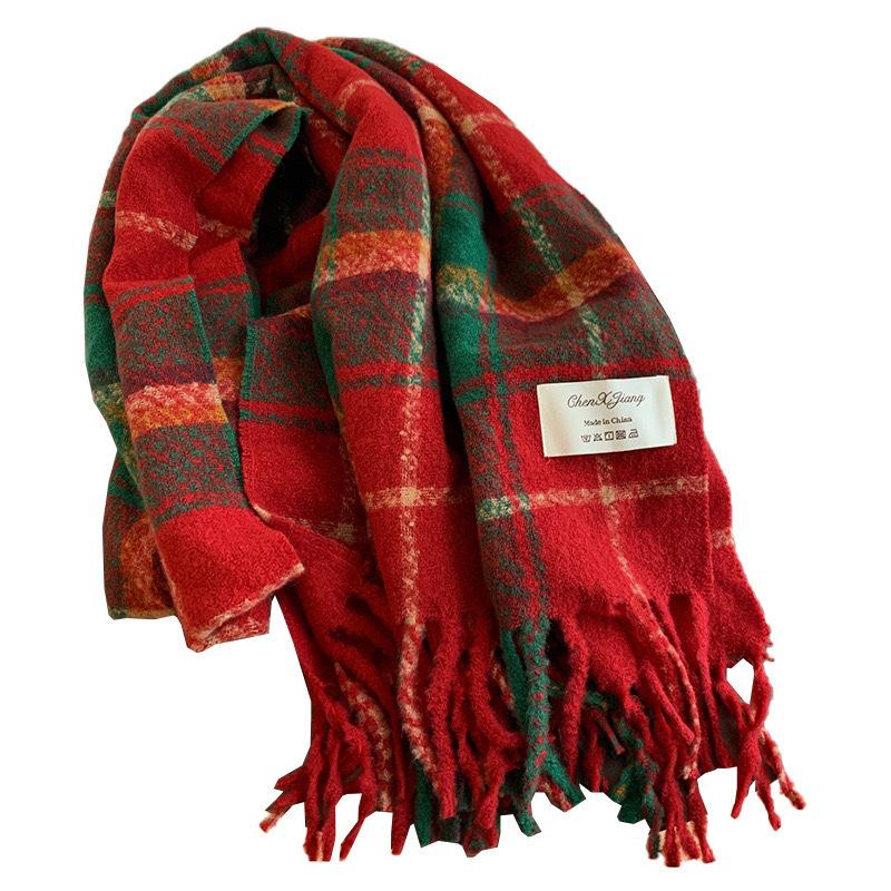 Christmas red scarf women's winter plaid imitation cashmere ins versatile high-end shawl atmosphere scarf