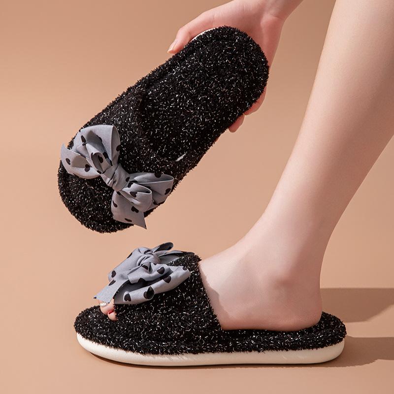 Butterfly knot starry sky cotton slippers, winter fluffy slippers, ins home plush slippers