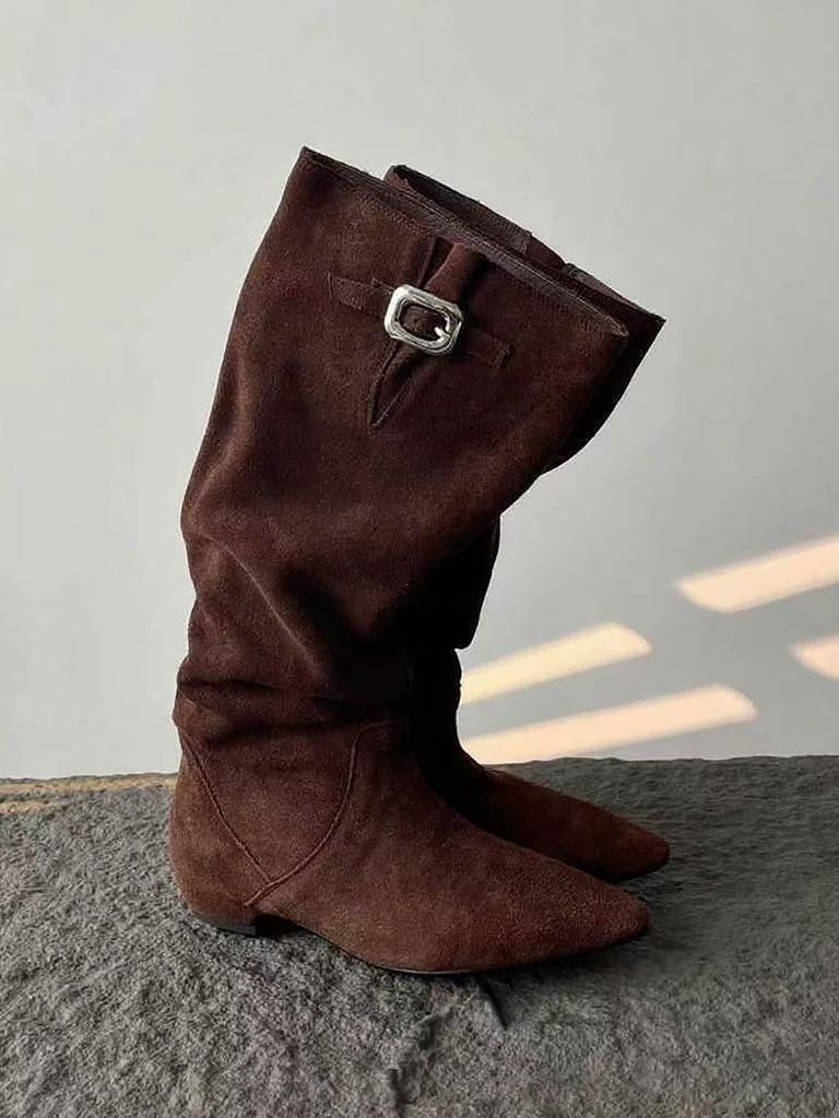 Sheepskin Version~ Pile Boots Belt Buckle Skinny Boots Pointed Low Heel Retro Western Cowboy Boots Female Knight Boots