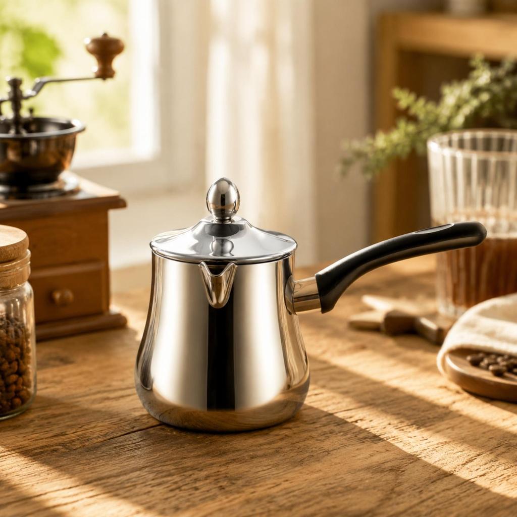 Polished Silver Stainless Steel Coffee and Tea Pot with Black Handle Controlled