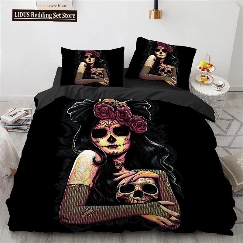 Skull Duvet Cover Queen Size Microfiber Vintage Sugar Skull Girl Day Of The Dead Bride With Dark Color Roses Graphic Bedding Set