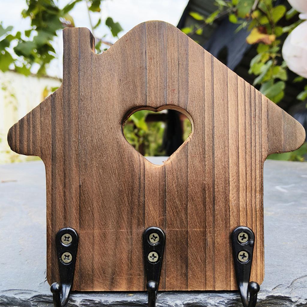 Decorative Wooden Key Hanger Wall-Mounted Key Storage Rack with Hooks House Shaped Entryway Decoration Coat Organizer