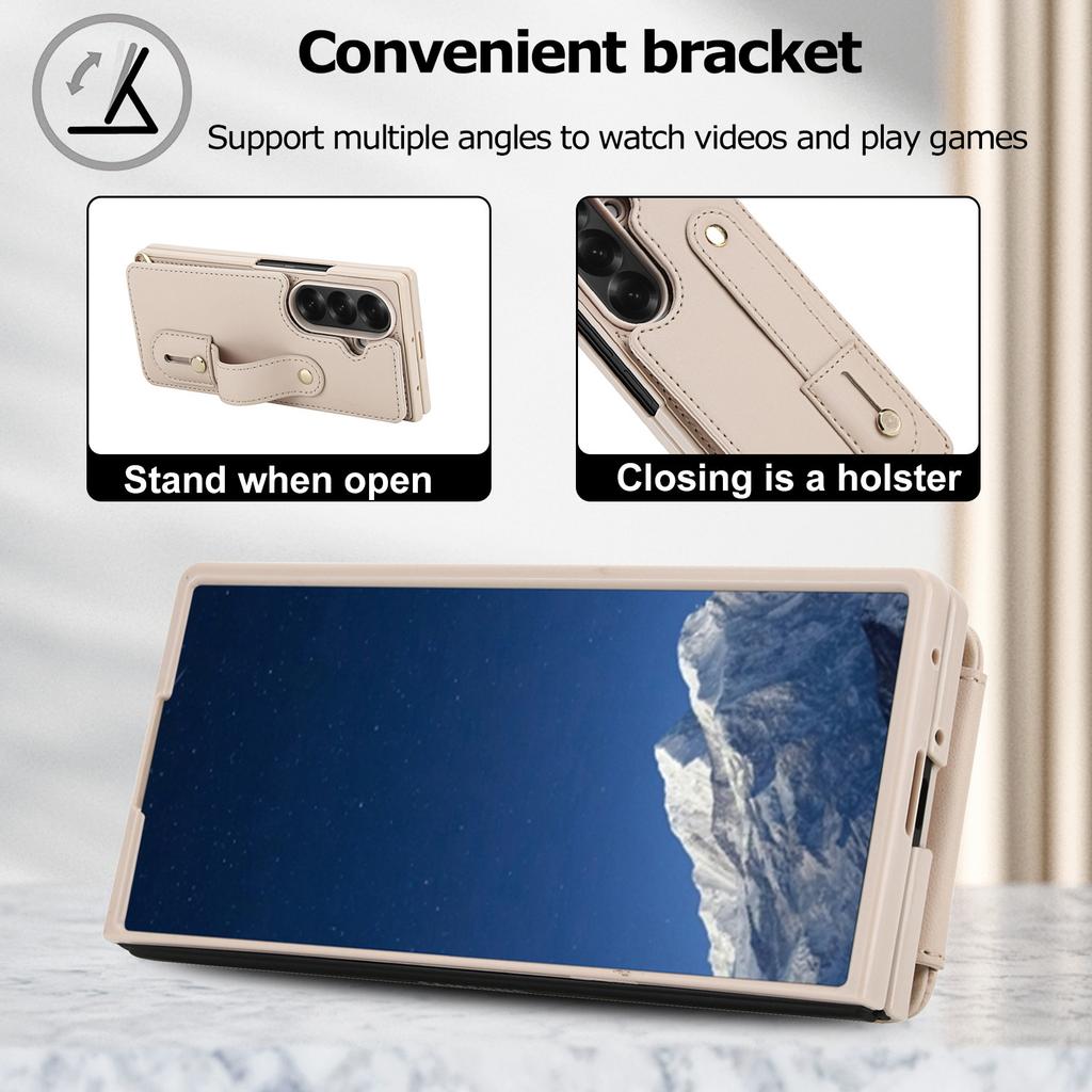 Applicable to Samsung Z FOLD7Folding phone case FOLD 6/5/4Crossbody wrist strap card holder phone leather case