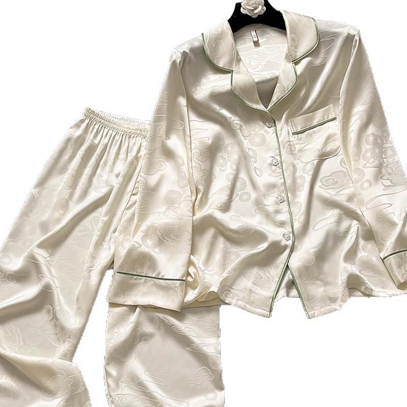 2025 Auspicious Clouds Ice Silk Padded Pajamas - Women's Two-Piece Set In Milk White, Long Sleeve & Pants