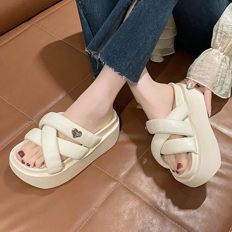 Summer 2023 Chunky Sandals Women's Thick Bottom Wedge Heels Slides 8CM High Heels Platform Leather Casual Beach Flip Flops Woman