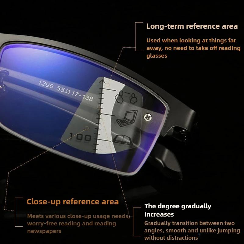 Anti Blue Light Multi Focus Metal Frame Reading Glasses Far Near Dual Use TR Ultra Light Presbyopia Glasses