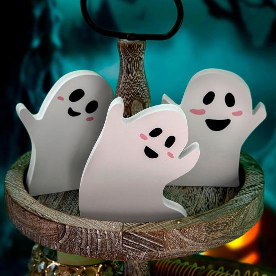 3Pcs/Set Halloween Ghost Tiered Tray Ornament Farmhouse Rustic Wooden Cartoon Ghost Table Sign Layered Tray Desktop Ornament