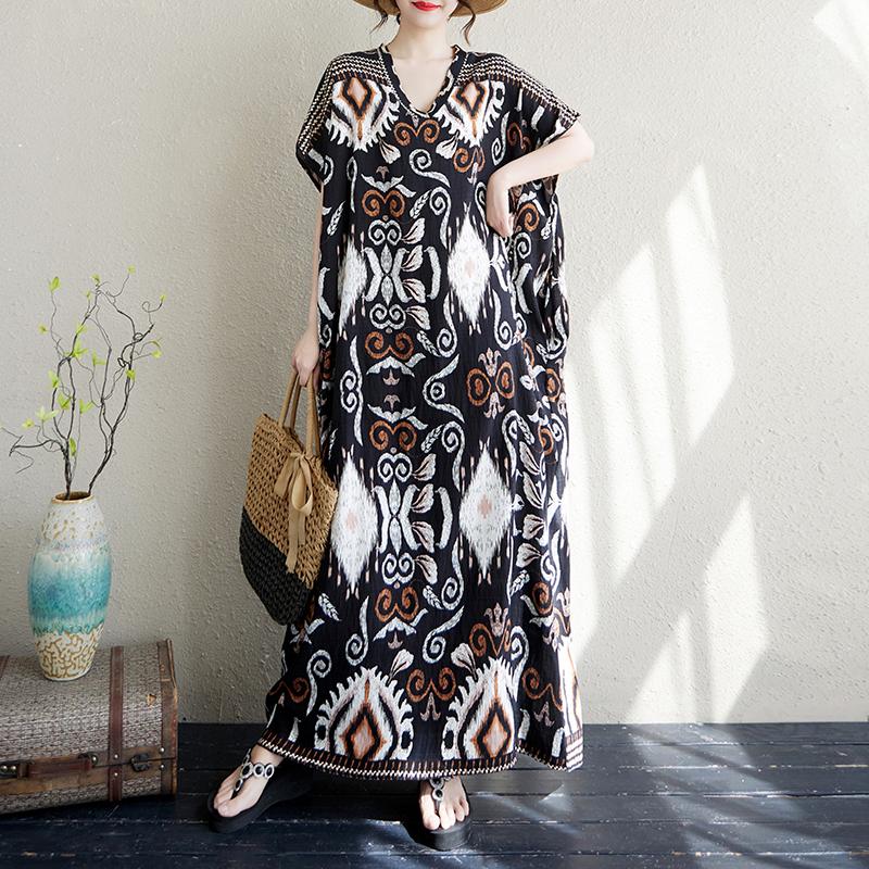 

DIMANAF 2025 Summer Plus Size Dress Basic Women Casual Loose Vintage New Long Oversized Bohemian Dress Maxi One Size чёрный