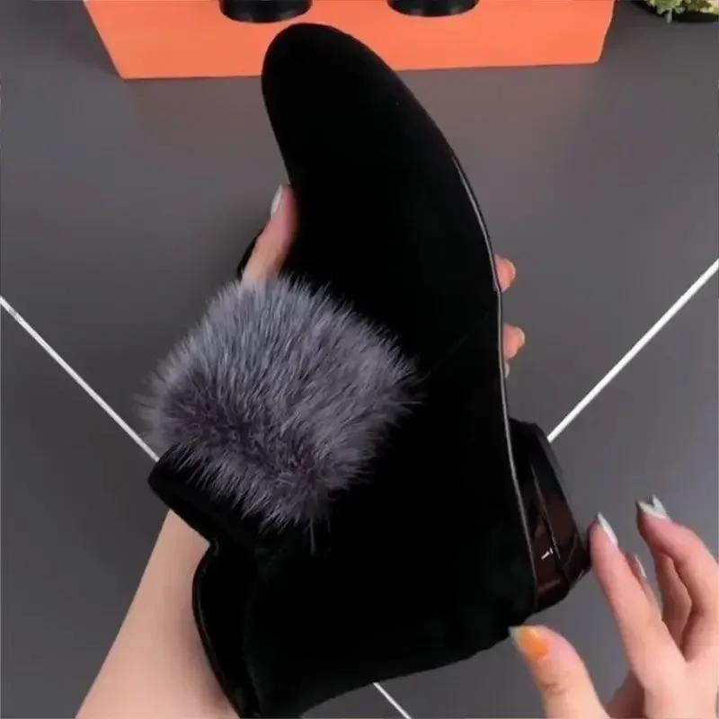 Fashion Women Fur Shoes 2024 Winter Plush Warm Women's Boots Low Heel Non-slip Commuter Office Ladies Shoes Fashion Zipper Short Boots