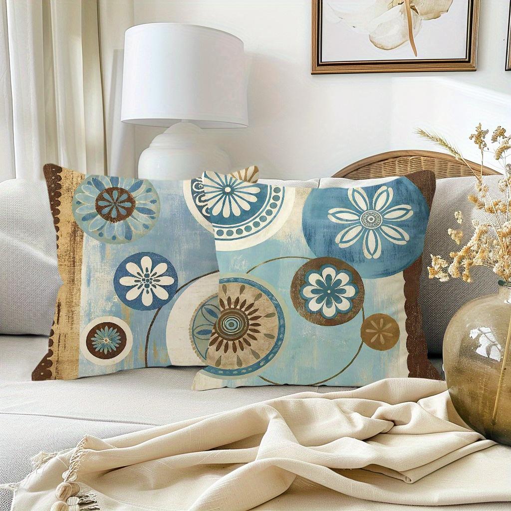 1/4pcs Retro Blue Brown Floral Geometric Throw Pillow Covers Home Decor Cushion Cases Cushion Cover