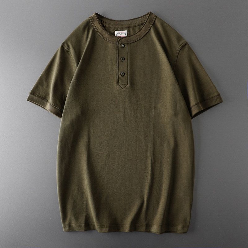 American Retro Henley Shirt Heavy Weight Pure Cotton Short Sleeve Amekaji Henry Collar T-Shirt Export Export Menswear T-shirt