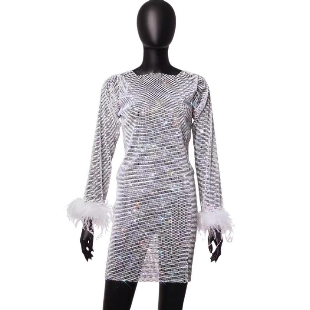 Glamorous Summer 2025 Diamond Mesh Long-Sleeved Fur Dress