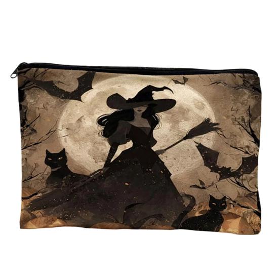 Reusable Storage Bag Bag,with Smooth Zipper, Thickened Polyester Large Capacity Cosmetic Halloween Witch Pumpkin Pattern Printed Pouch High-definition