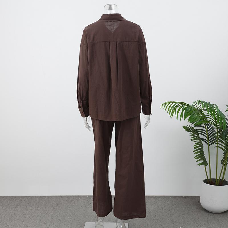 Bavlněná lněná dámská kalhotová souprava ležérní volná jednobarevná knoflíková košile kalhoty outfit léto dámský denní šik volné kalhoty oblek nový