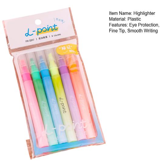 6Pcs Quick-Dry Highlighter Set Large Capacity Eye-Care Markers for Journaling Notes Dual-Tip Cute School Supplies for Kids