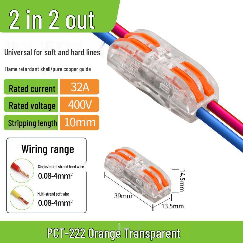 Quick Terminal PCT-222 Lighting Fixture Push-in Connector for Soft & Hard Wire, Two-in Two-out