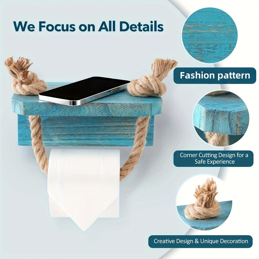 Sea/beach Toilet Paper Holder, Beach Bathroom Decoration and Accessories, Creative Wooden Toilet Paper Holder with Holder, Safety Angle,