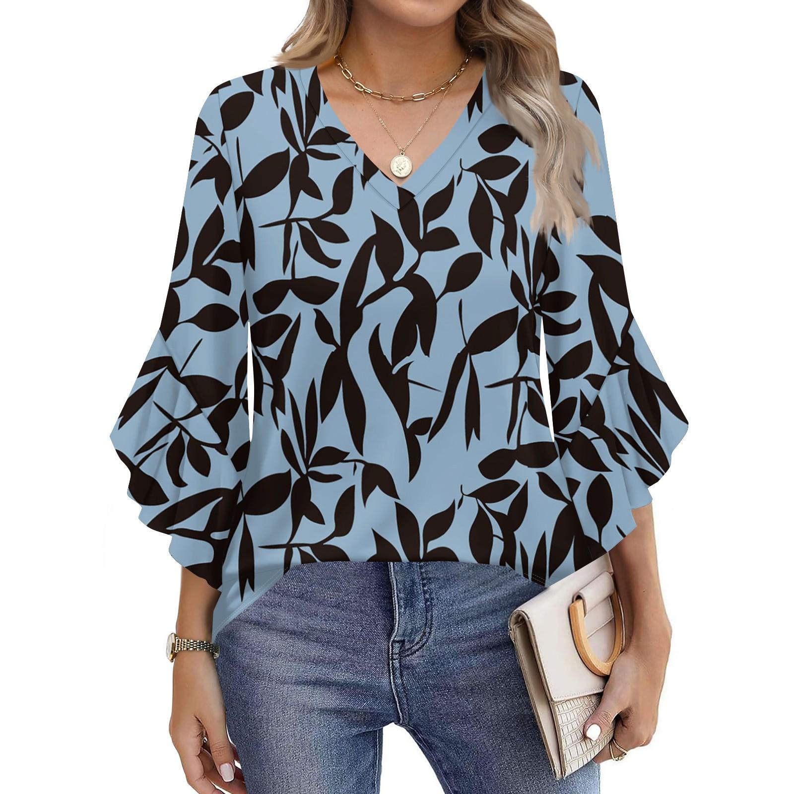 

Blouses For Women Dressy Casual 3/4 Length Sleeve Womens Tops V Neck Tshirts Shirts With Flared Sleeve L