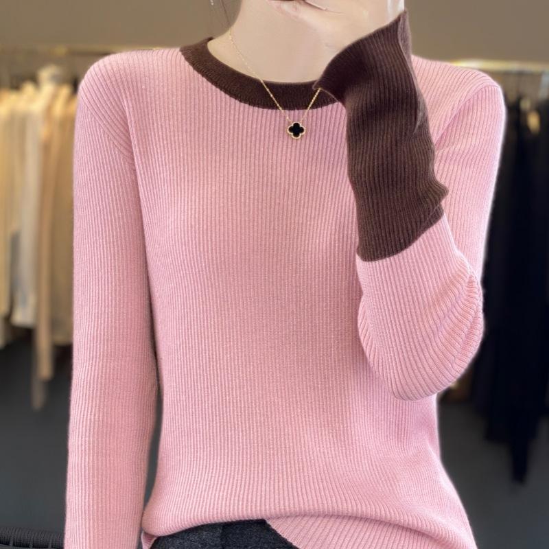 Spring and Autumn Slim Color Collision Round Neck Models Women's Fashion Commuter Style Knitwear Tops